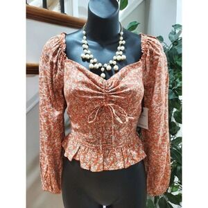 Japna Women Brown Floral 100% Viscose Sweetheart Neck Long Sleeve Top Blouse XS